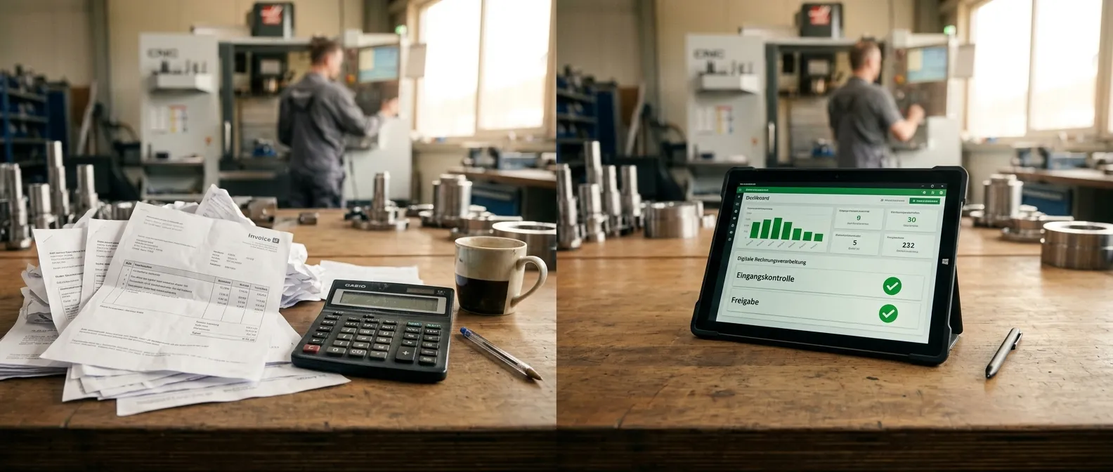 Vorher und Nachher: Links Papierstapel mit Taschenrechner, rechts ein Tablet mit digitalem Dashboard.