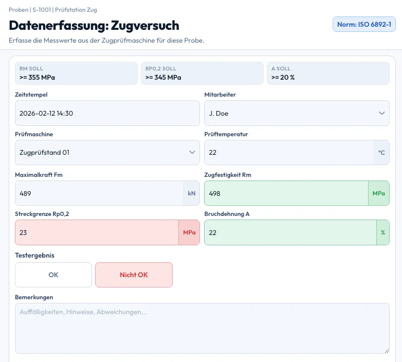 Lab OS Datenerfassung: Zugversuch mit Soll-Werten, Messergebnissen und Testergebnis auf einen Blick