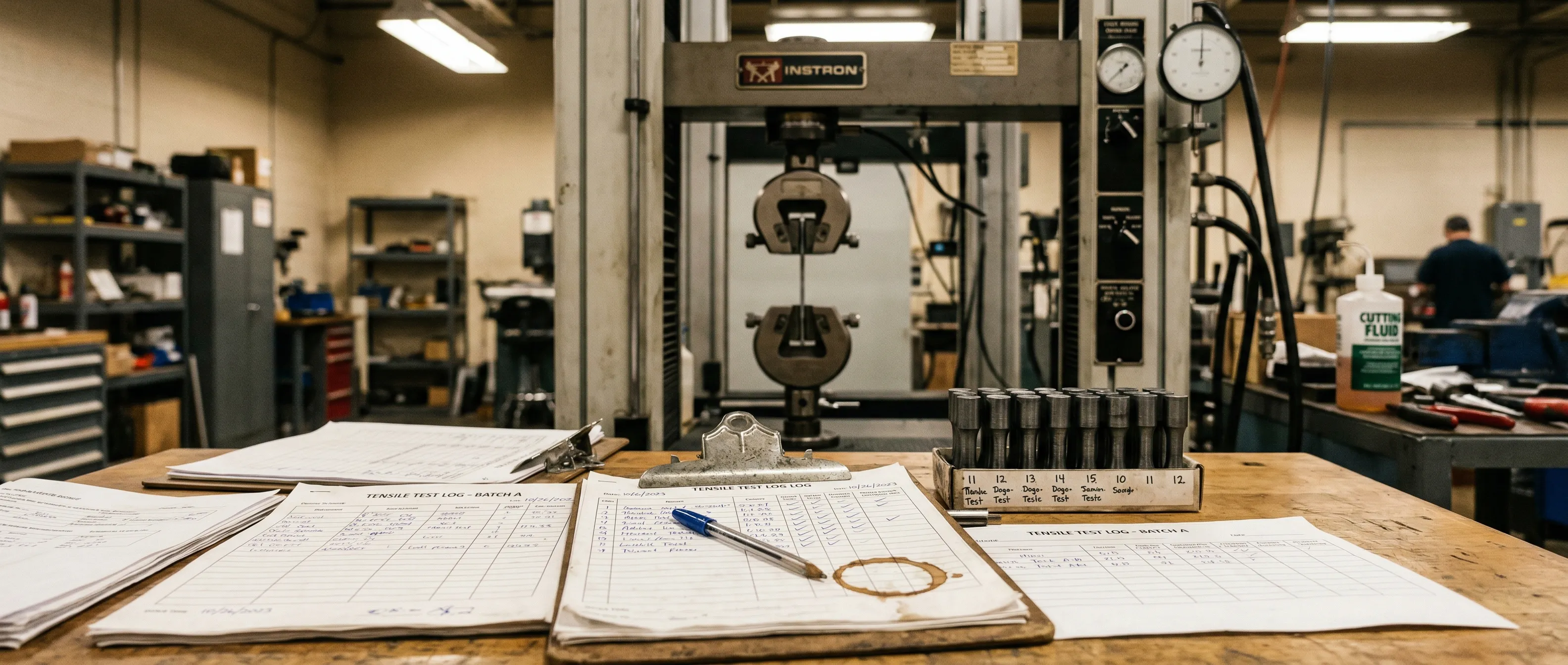 Papierformulare und Klemmbrett auf dem Labortisch, im Hintergrund eine Zugprüfmaschine