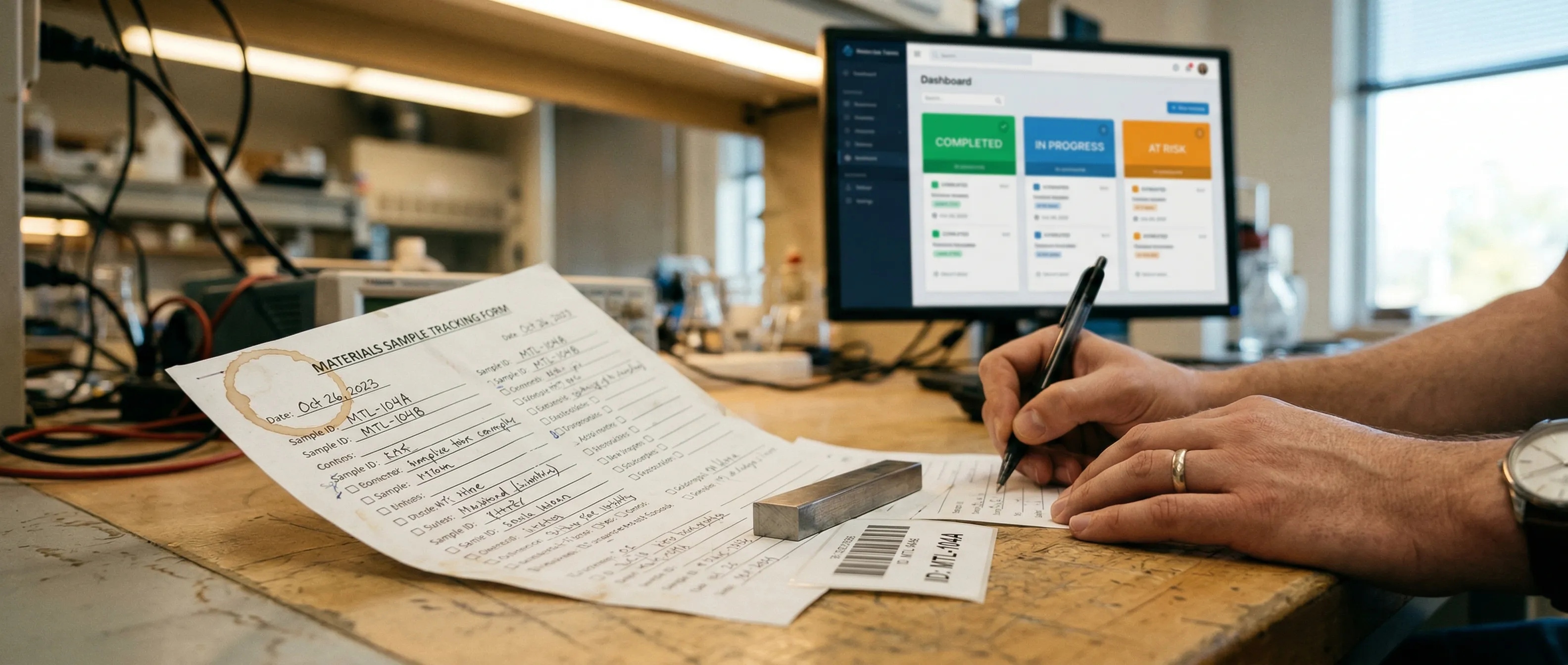 Papierformular mit Kaffeefleck auf dem Labortisch, im Hintergrund ein digitales Dashboard