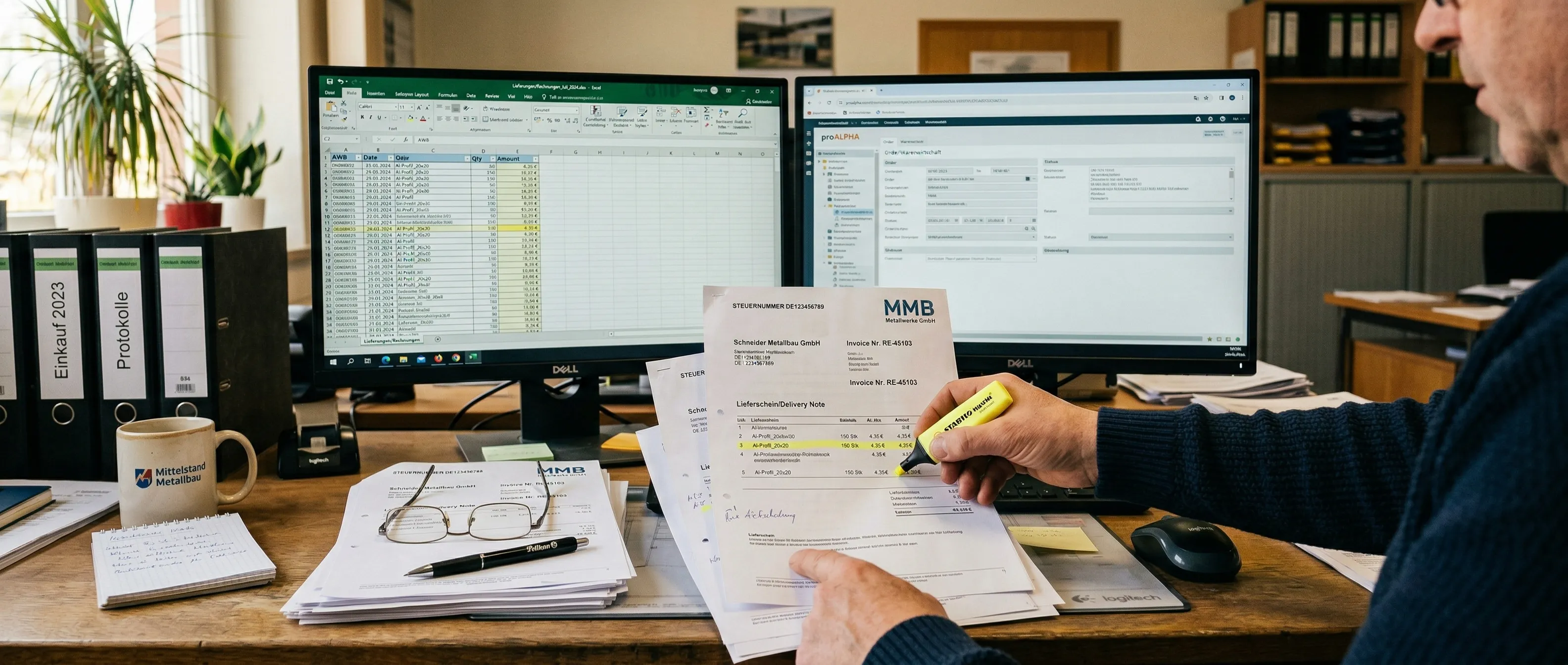 Schreibtisch mit zwei Monitoren, Textmarker und Papierrechnungen — manueller Datenabgleich zwischen Systemen