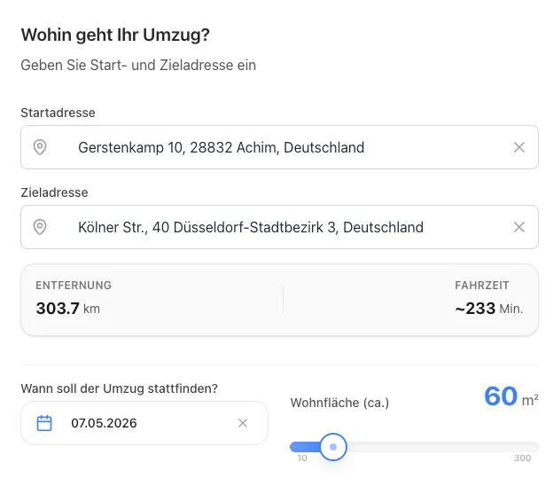 Eingabemaske des Self-Service-Kalkulators: Start- und Zieladresse, berechnete Entfernung und Fahrzeit, Wunschtermin und Wohnfläche