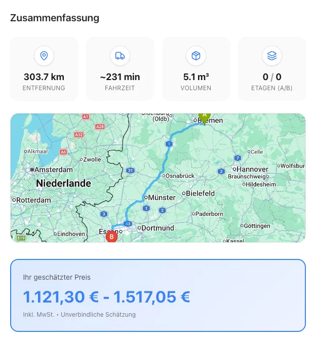 Ergebnis-Ansicht des Kalkulators: Kartenansicht mit Route, Zusammenfassung der Eckdaten und berechnete Preisspanne